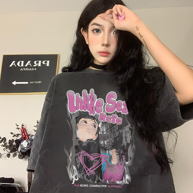 Print Washed T-shirt Kaos Lengan Pendek Oversize Retro Anime Character Women Korean Style Atasan Wanita