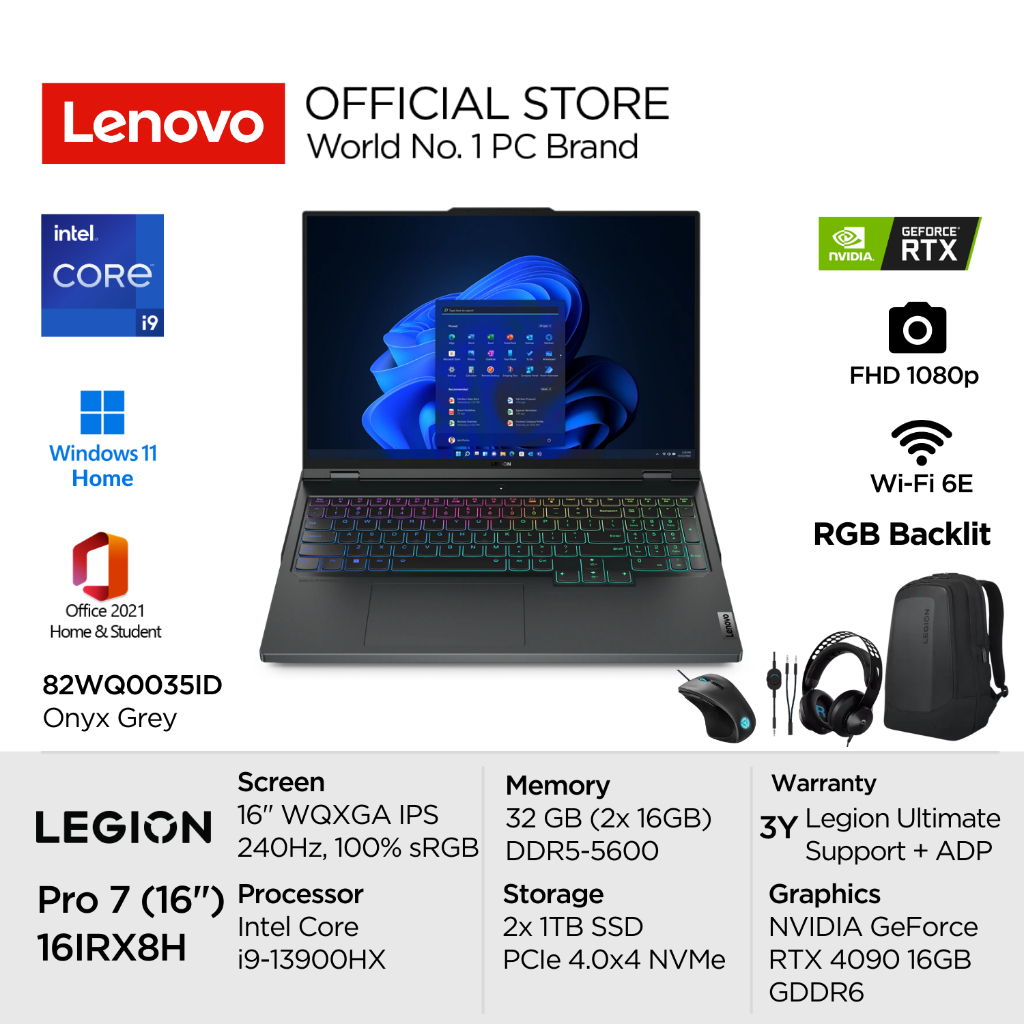 Lenovo Legion Pro 7i 16IRX8H 35ID Intel Core i9 13900HX Win11 Home 32GB 2TB SSD NVIDIA RTX 4090 16GB 16" WQXGA IPS 240Hz 100% sRGB 500nits G-Sync Antiglare OHS Per-Key RGB Backlit Laptop Gaming 16inch Diskrit 82WQ0035ID Grey Garansi Windows Office Gen13