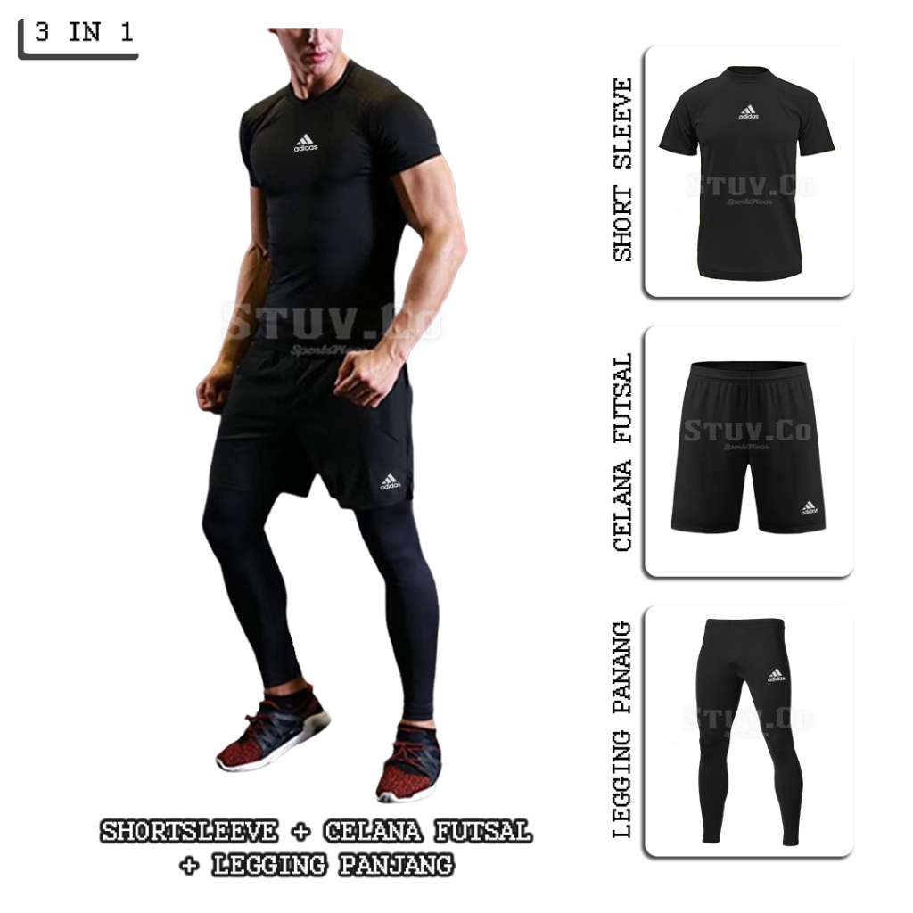 PAKET 3IN1 PAKAIAN OLAHRAGA MANSET BASELAYER TANGAN PENDEK LEGGING PANJANG DAN CELANA DRIFIT