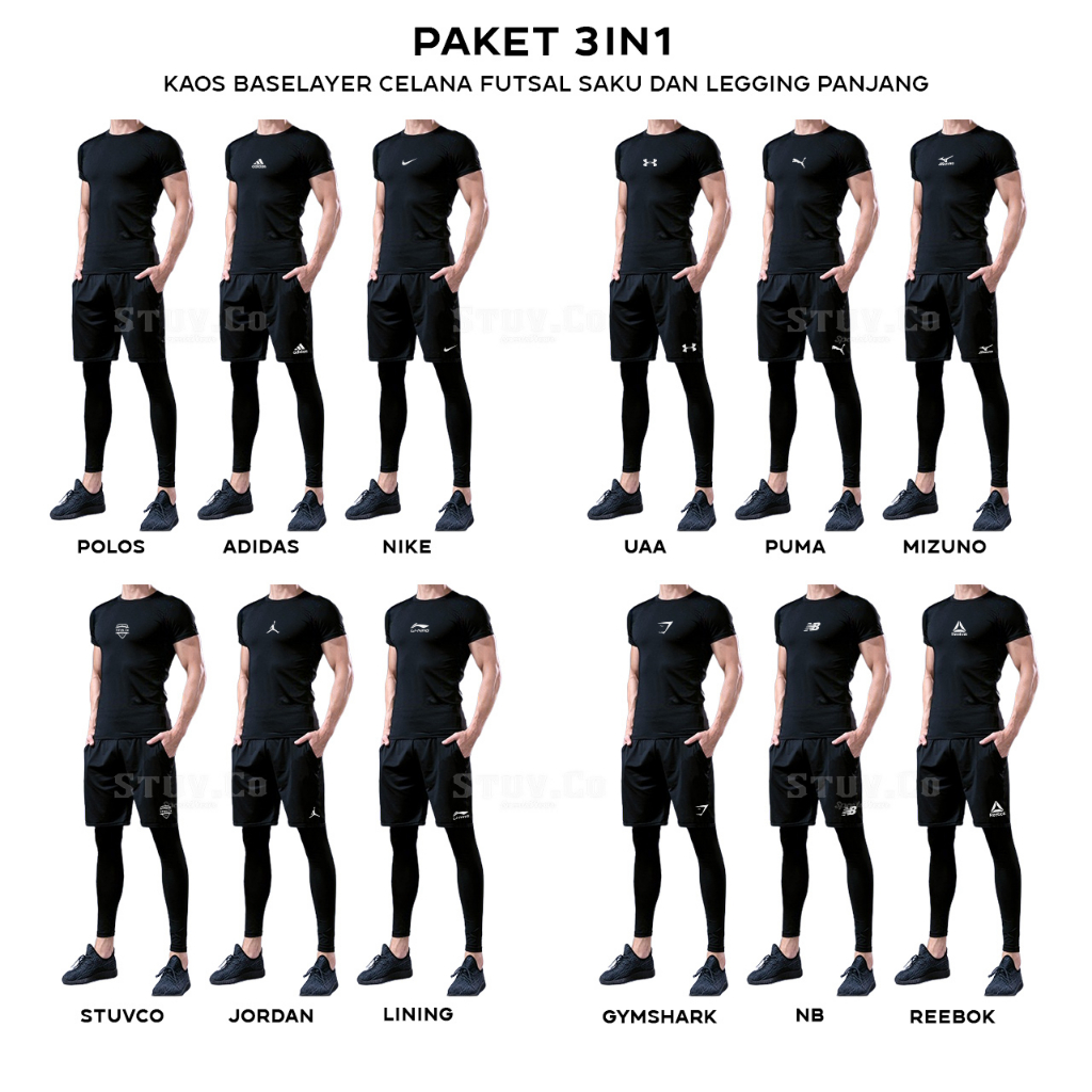 PAKET 3IN1 OLAHRAGA MANSET BASELAYER LENGAN PENDEK LEGGING PANJANG DAN CELANA FUTSAL SAKU