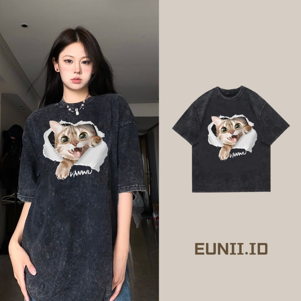 EUNII T-shirt Lengan Pendek Black Washed Cartoon Torn Cat Printing Korean Style/Kaos Atasan Wanita/Baju Wanita