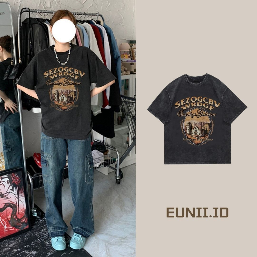 EUNII T-shirt Lengan Pendek Black Washed Vintage Sunset Car Printing Korean Style/Kaos Atasan Wanita/Baju Wanita