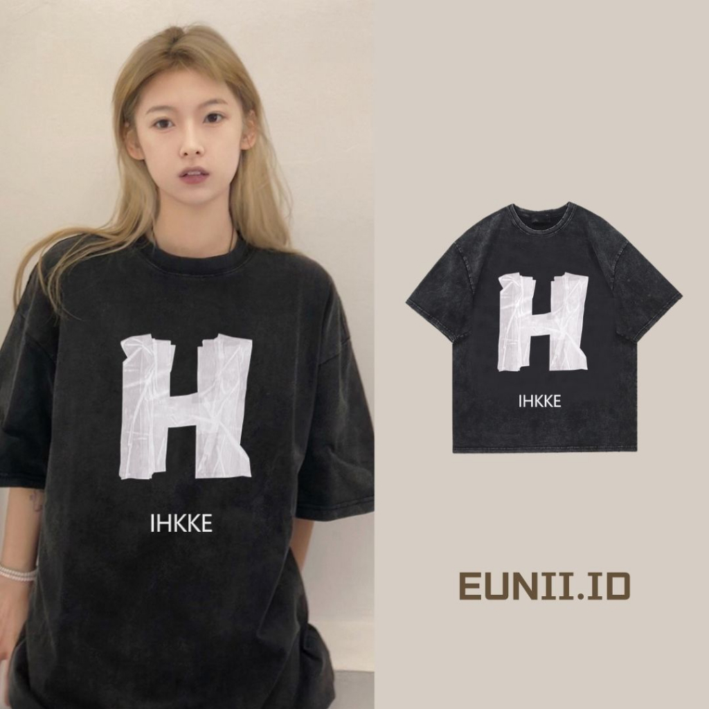 EUNII T-shirt Lengan Pendek Black Washed Vintage H Letter Printing Korean Style/Kaos Atasan Wanita/Baju Wanita