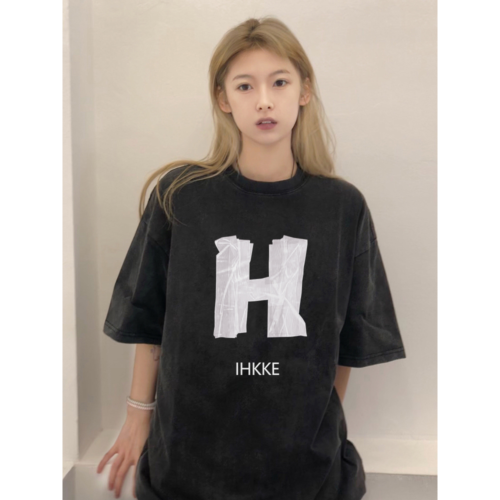 EUNII T-shirt Lengan Pendek Black Washed Vintage H Letter Printing Korean Style/Kaos Atasan Wanita/Baju Wanita