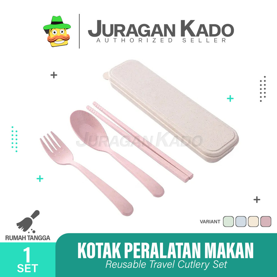 Alat Makan Set 3in1 Sendok Garpu Sumpit Plastik dengan Kotak Box Souvenir Bahan Jerami Gandum Cutlery Set