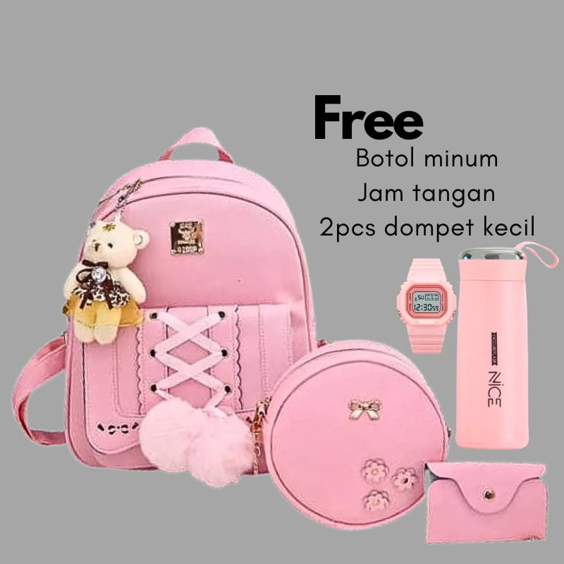 Tas Ransel Wanita 4in1 Backpack Prempuan Anti air/Tas Sweat Pompom Free Botol Sama Jam Tangan