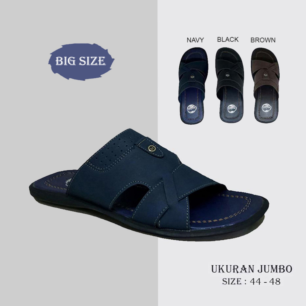 Sandal Kulit Pria Ukuran Besar Kaki Super Jumbo no 44 45 46 47 48 Sendal Selop Biru Navy Slide Blue