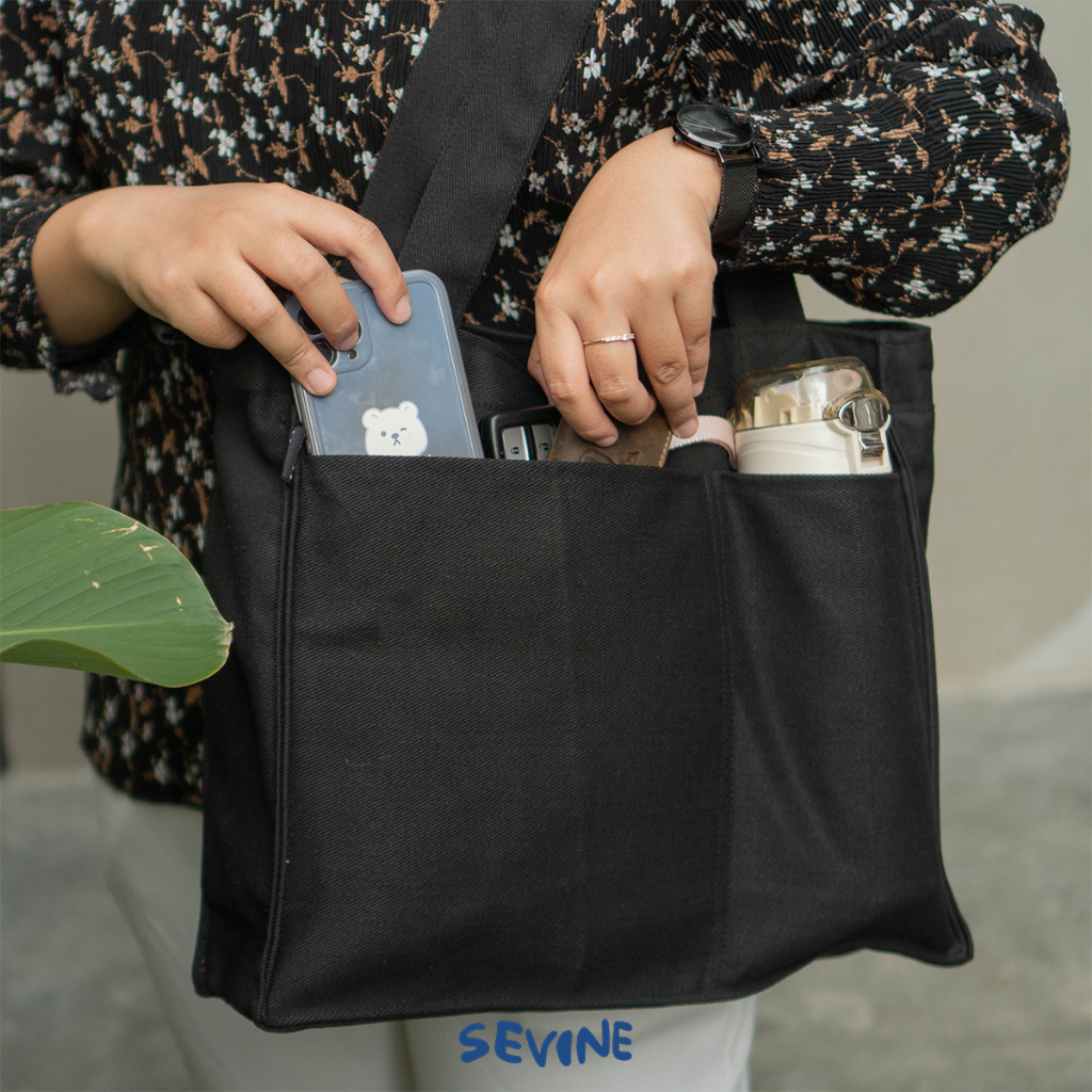 Sevine Totebag Kanvas Rebecca Tas Wanita Tote Bag Pocket Kuliah Sekolah Kerja Laptop Hitam Tebal Elegan Aesthetic - PG