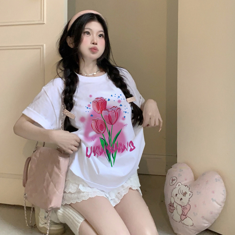 Print T-shirt Kaos Lengan Pendek Cartoon Pink Flowers Baju Wanita Oversize Korean Style