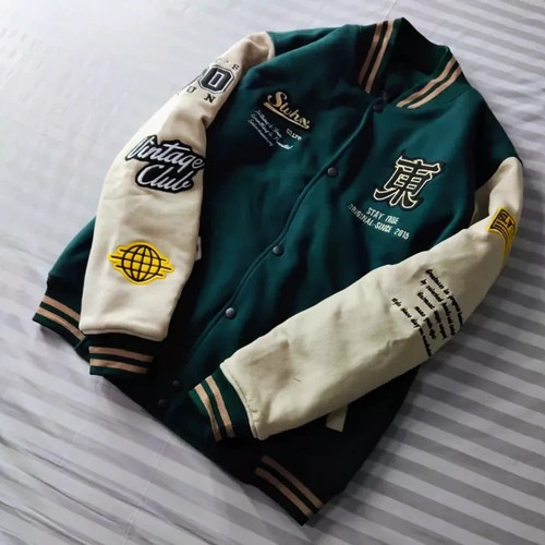 INDO - Jaket Varsity Vintage Full Bordir | Jaket Baseball Varsity Distro Pria Wanita Hijau