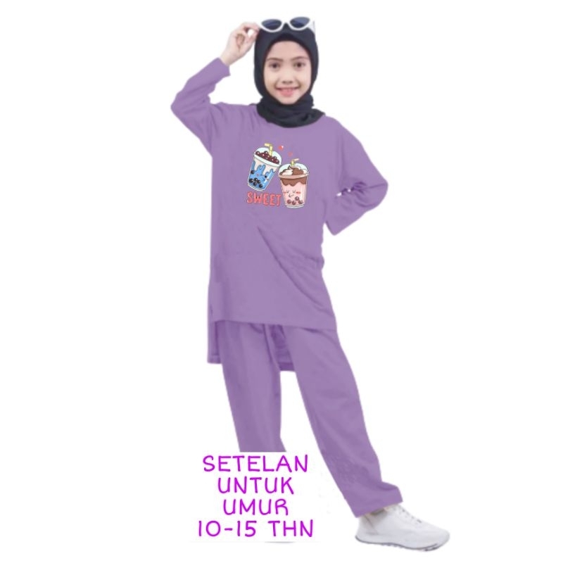 Setelan Anak Perempuan Remaja Terbaru 2023 Bahan Babyterry Stelan One Set Anak Cewek Kekinian Viral Boba Sweat