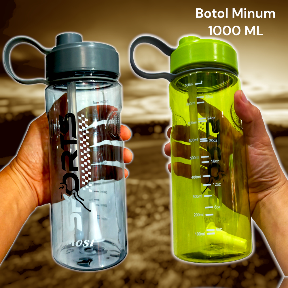 Botol Minum 1 Liter Dewasa Anak Sekolah Sport Travel BPA Free Sedotan Aesthetic 1000 ML Transparan Portable Cup
