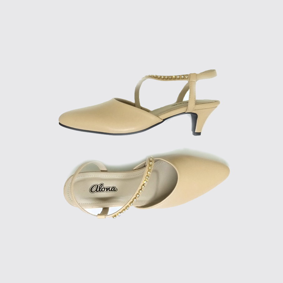 ALONA - Mules Cream - Sepatu Sandal Kerja Pesta Wanita (Ukuran Besar Kaki Jumbo) Heels Bustong Unik Cantik Mewah