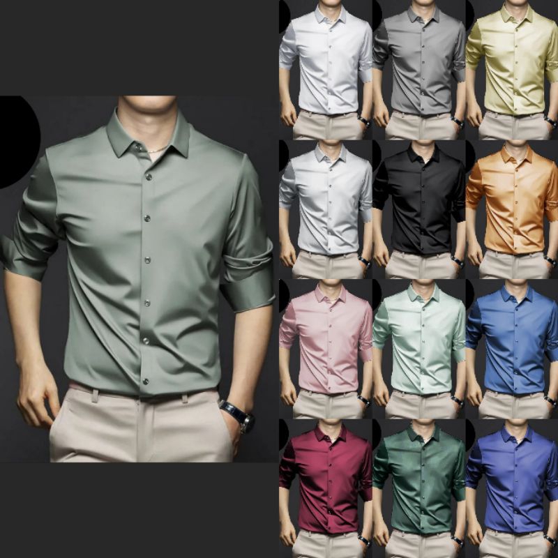 K97 S-6XL Kemeja pria impor silky handfeel baju pesta pria baju kondangan pria kemeja polos lengan p