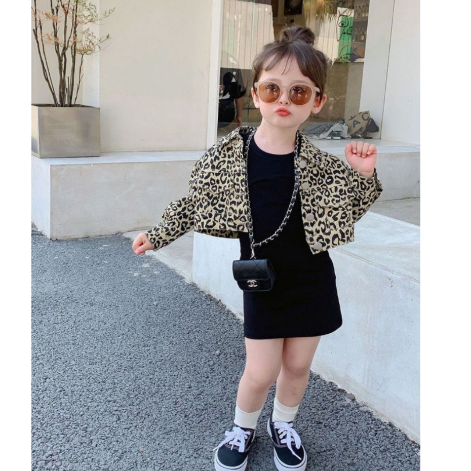 DR27-Dress Anak Perempuan Sleek Black + Jacket Leopard