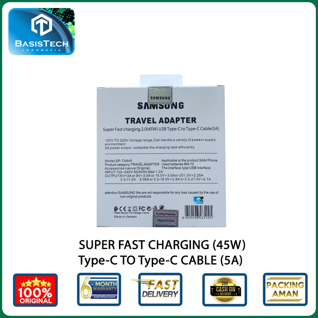 CHARGER SAMSUNG S20 PLUS 45W TYPE-C TO TYPE-C TA845 BASISTECH ORIGINAL QUALITY