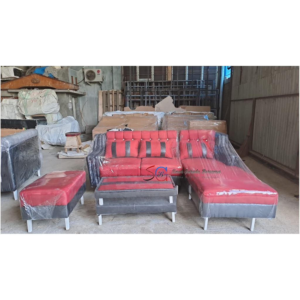 SOFA LETTER L WARNA MERAH + MEJA SOFA + BANTAL SOFA / SOFA SUDUT TERBARU