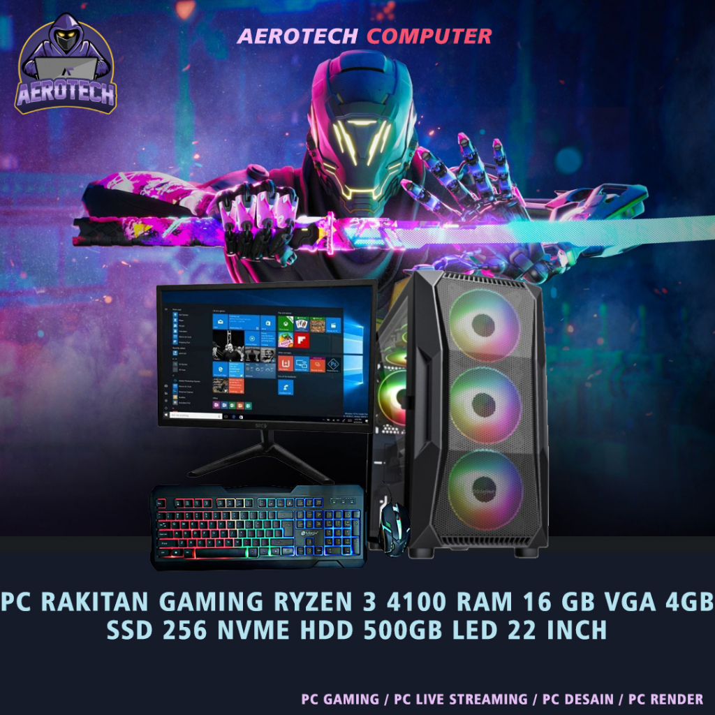 PC RAKITAN GAMING RYZEN 3 4100 | RAM 16 GB | VGA GTX 1650 4 GB | LED 24 INCH 75 HZ | SIAP EDITING DESAIN LIVE STREAMING