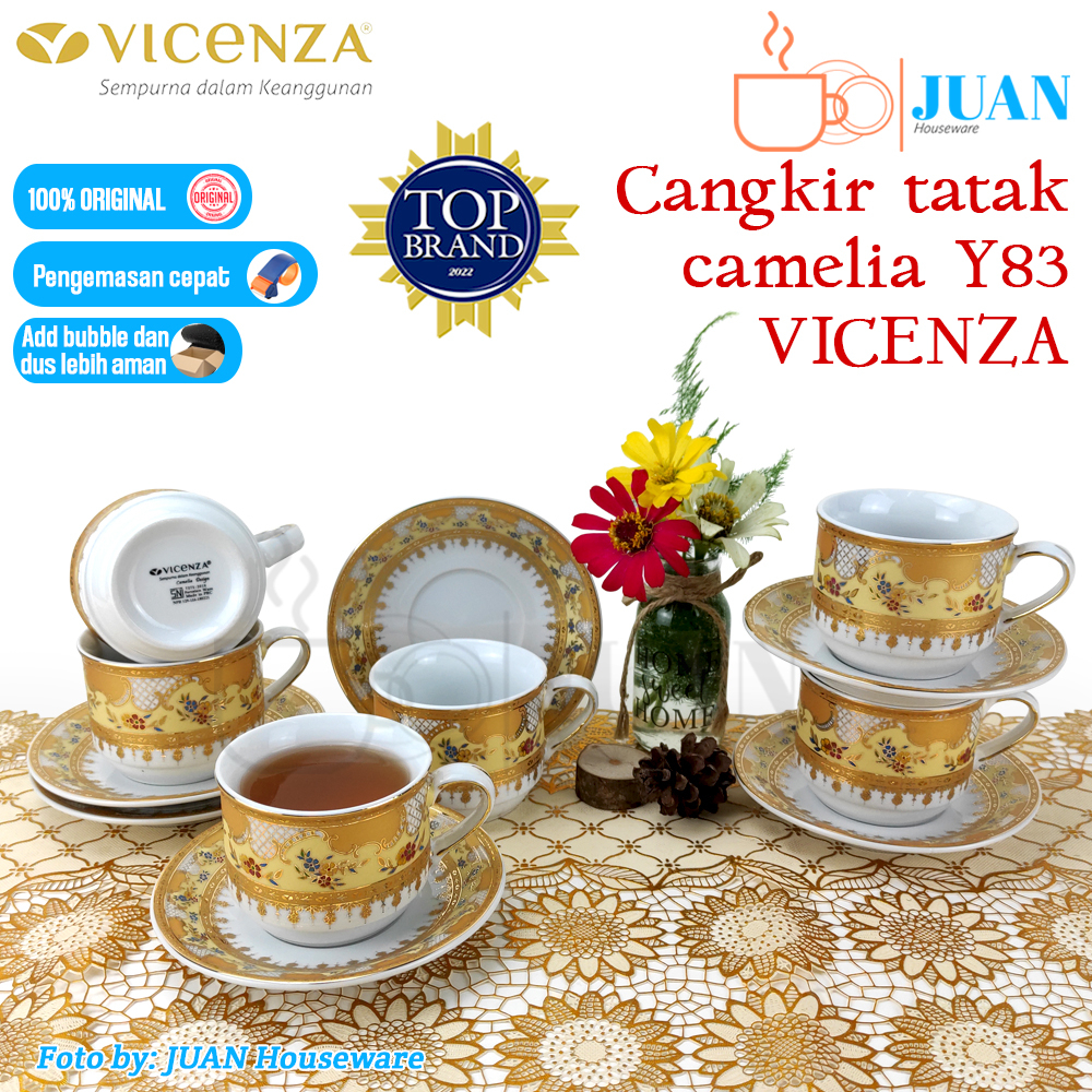 VICENZA Cangkir + tatak porcelain motif camelia / Tea and coffee set keramik Y83