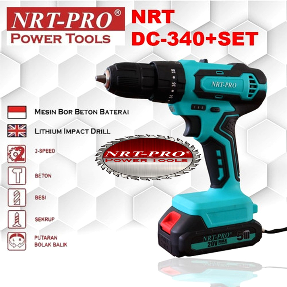 NRT-PRO DC340 Bor Cordless Drill Baterai Tangan Beton Impact Tembok 20 V 20V Paket Set Mesin DC 340 