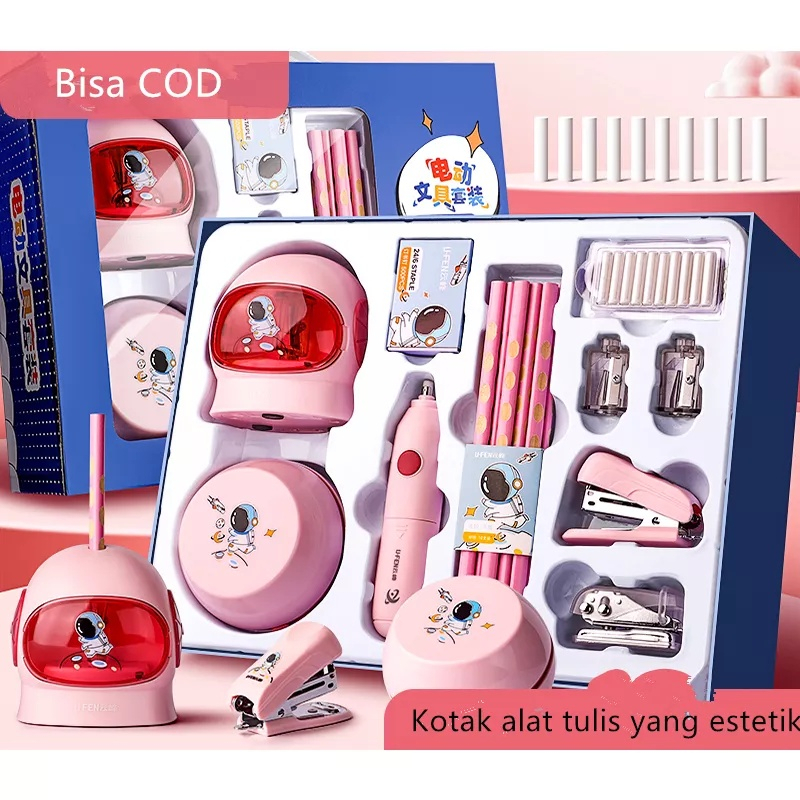 Electric Stationery Set / Set Alat Tulis Elektrik Rautan Penghapus Vacuum Pensil 11 In 1