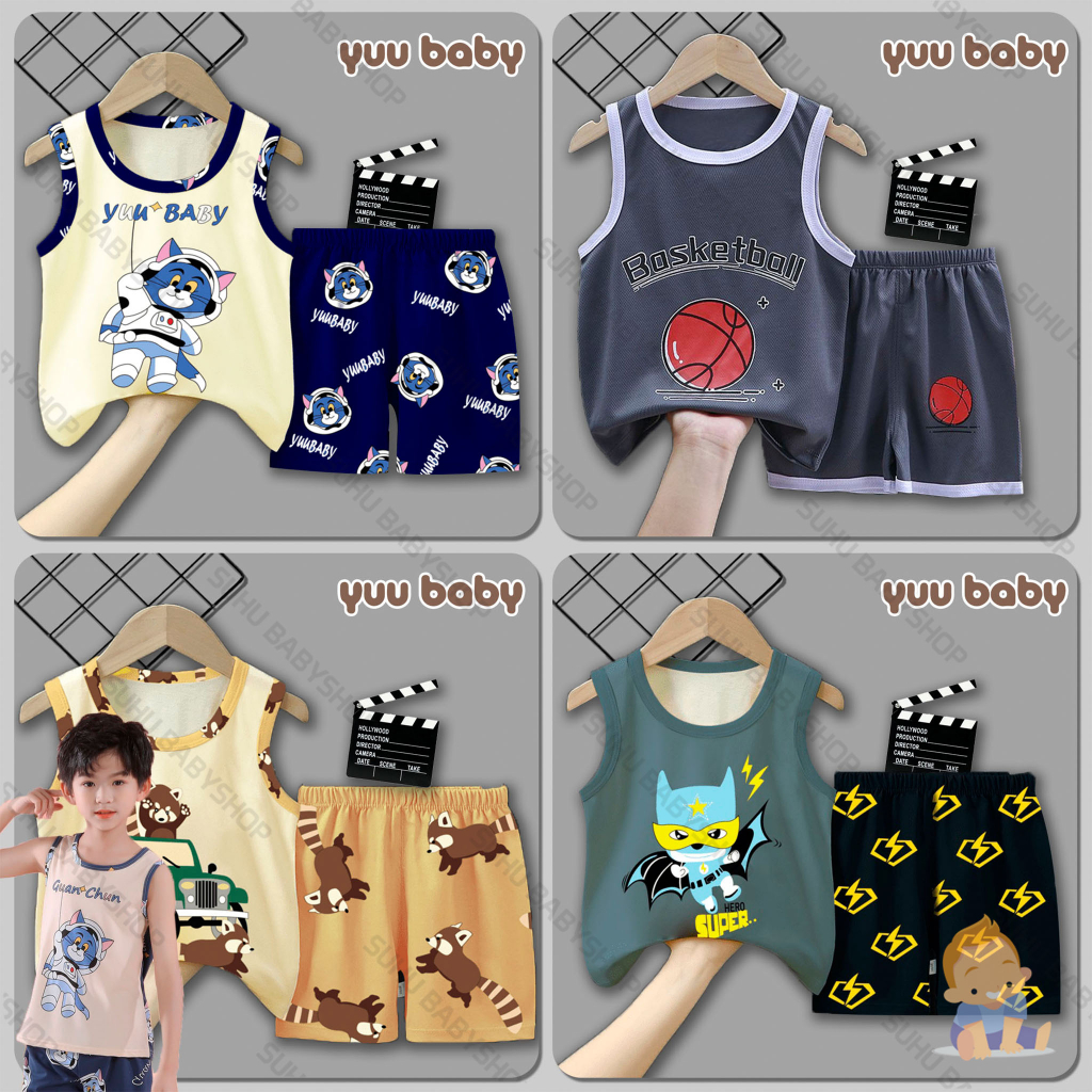 YUU BABY Setelan Anak Singlet IMPORT / Set Kaos + Celana Pendek Anak Cewek Cowok / Stelan Bayi Perem