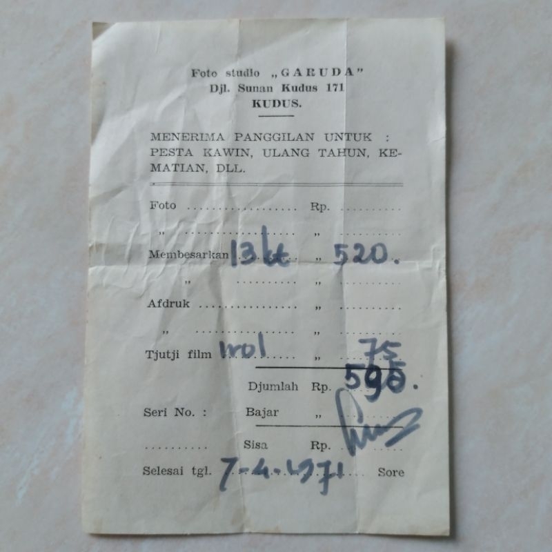 Koleksi Dokumen Kuno ASLI Nota Studio Foto 1971 - YN106