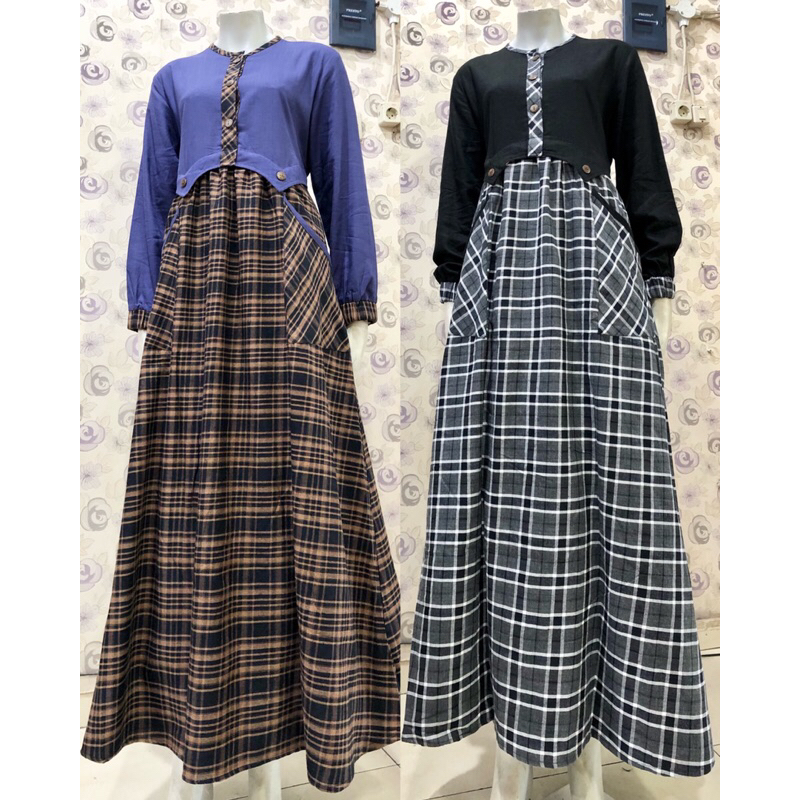 gamis dress casual premium motif kotak kotak flanel real pict