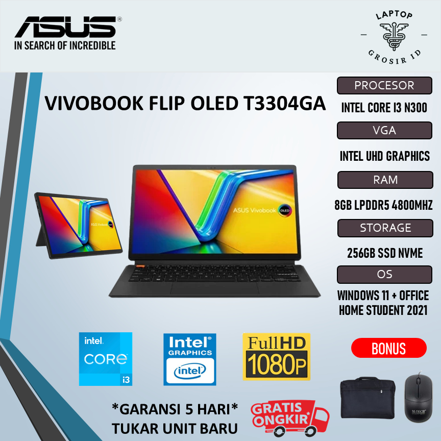 Laptop Asus Vivobook Flip Oled T3304GA Touch I3 N300 8GB 256SSD W11+OHS 13.3 FHD