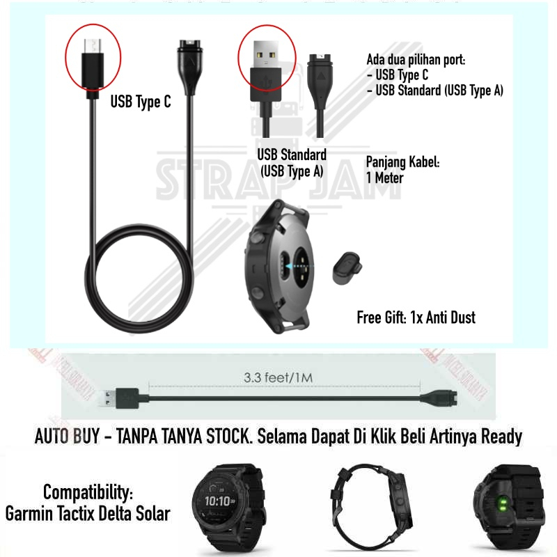 Cable Kabel Charge Charging Data Untuk Garmin Tactix Delta Solar - USB A / Type C