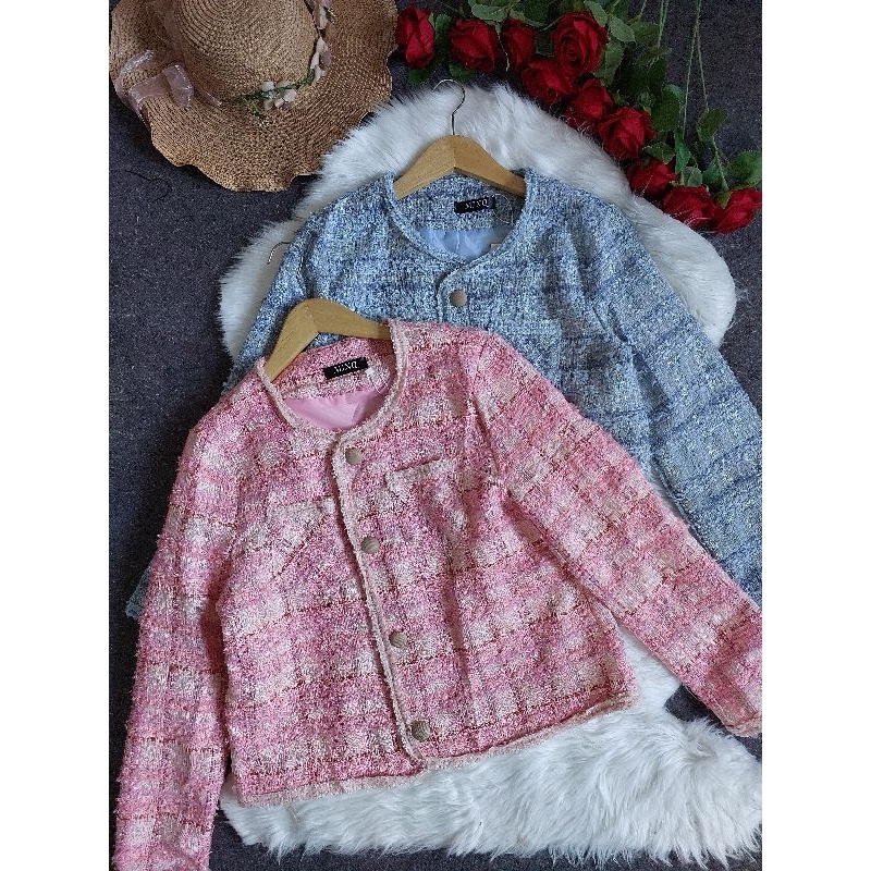 VN LAURA PASTEL TWEED BLAZER / PREMIUM OUTER CARDIGAN TWEED WANITA BLAZER PINK AND BLUE