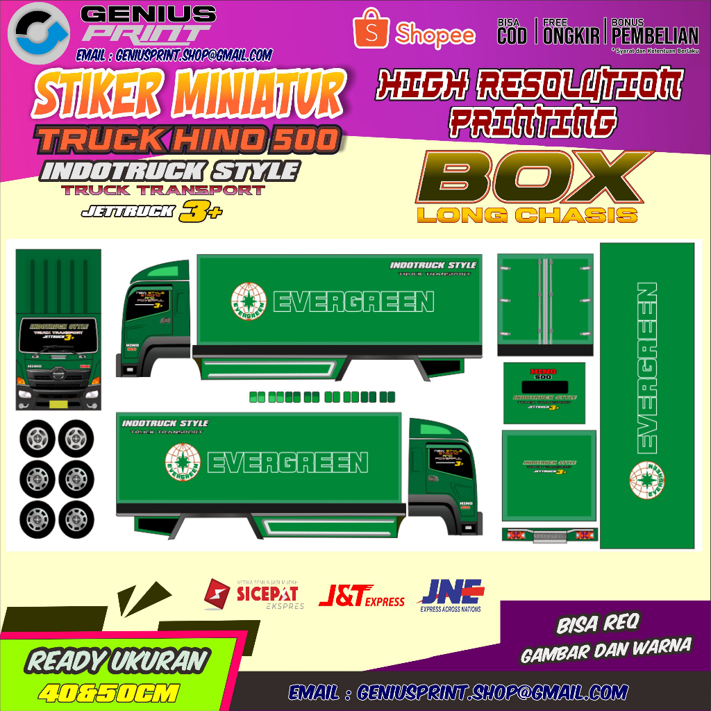 STIKER MINIATUR TRUK HINO 500 TIPE BOX LONG CHASIS UK. 40&50cm