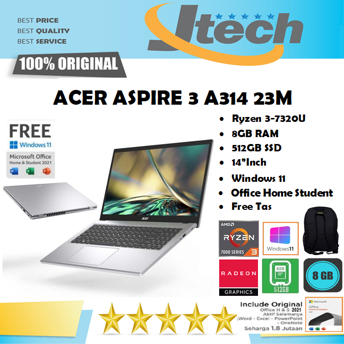 ACER ASPIRE 3 A314 23M  - RYZEN 3-7320U - 8GB - 512GB SSD - 14&quot; - WIN11 - OFFICE HOME STUDENT