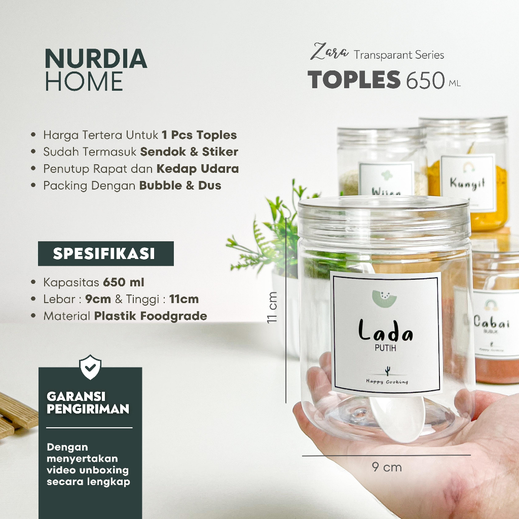 NURDIA HOME Zara Toples Bumbu 650 ml Transparant / Tempat Bumbu / Wadah Bumbu / Botol Bumbu dapur - JT02