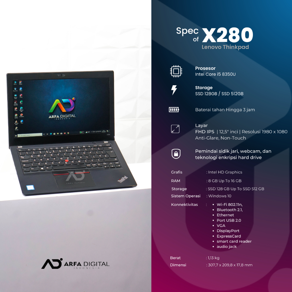 Laptop Lenovo Thinkpad X280 Core i5 Gen 8 Ram 8GB SSD 256GB Murah Bergaransi