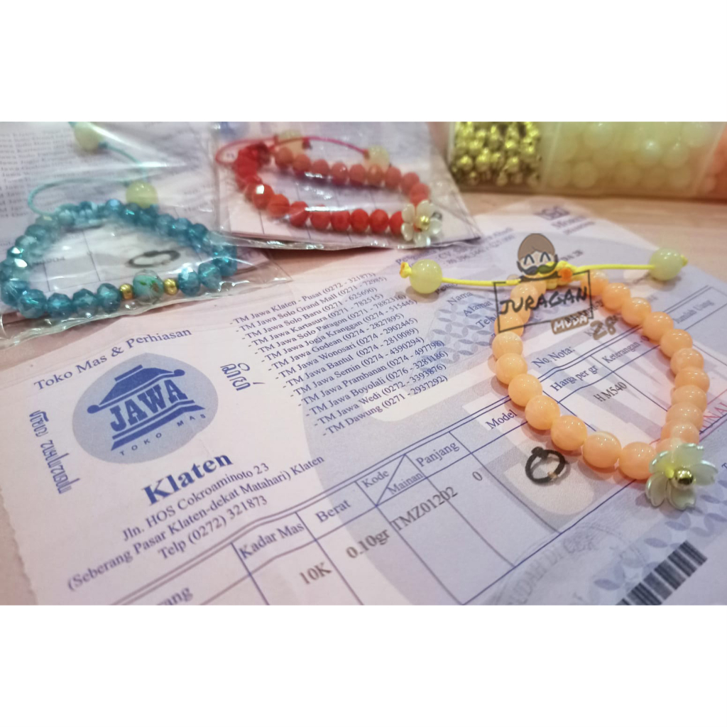 Gelang Tali Full Marmer dengan Bunga 1 Liontin Emas Asli karat 10k