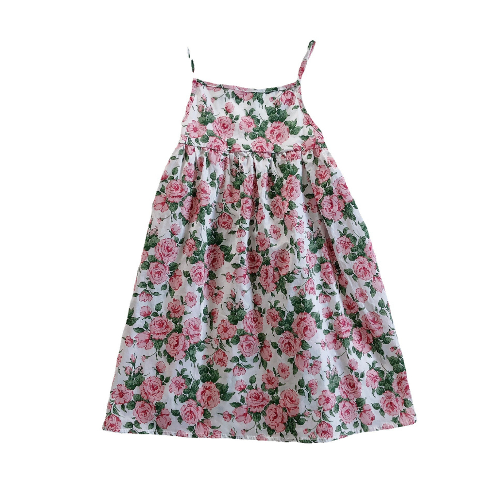 Bayi Perempuan Spaghetti Strap Dress Backless Casual Dress Floral Print Rok Rok Acak-acakan untuk Anak Perempuan Balita Musim Panas Pink Hijau