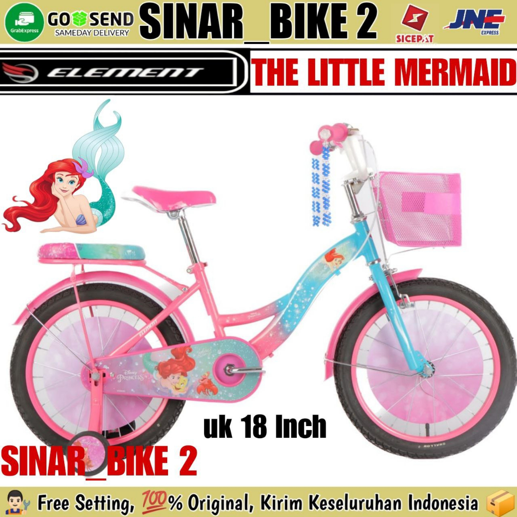 Sepeda Anak Perempuan Ukuran 12 16 &amp; 18 Inch ELEMENT DISNEY THE LITTLE MERMAID