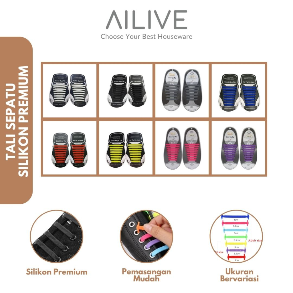 AILIVE Tali Sepatu Silikon Premium Elastis Free Size Dewasa Anak-anak Isi 16pcs Sepasang Tali Sepatu Sekolah Kerja