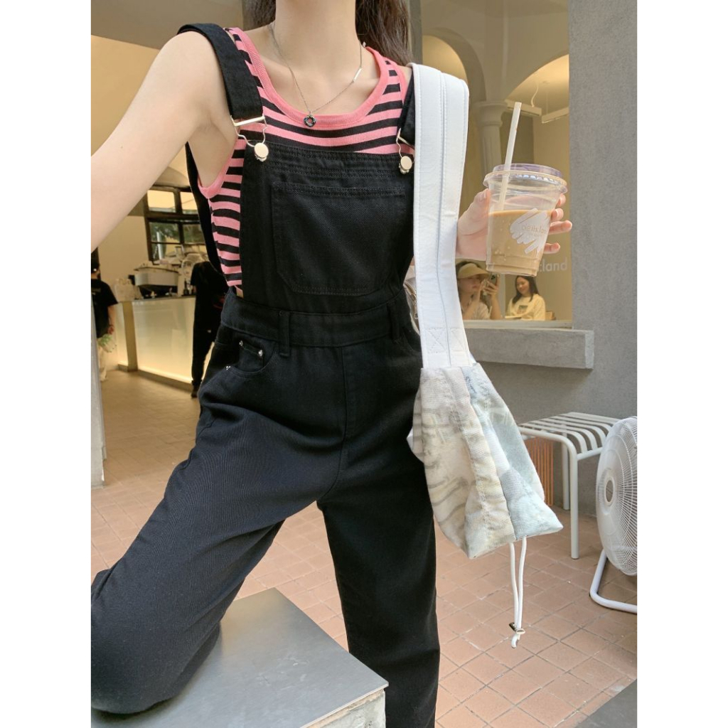 XIAOZhaiNv Overall Jeans Wanita Hitam Straight Loose Korean Style Celana Wanita