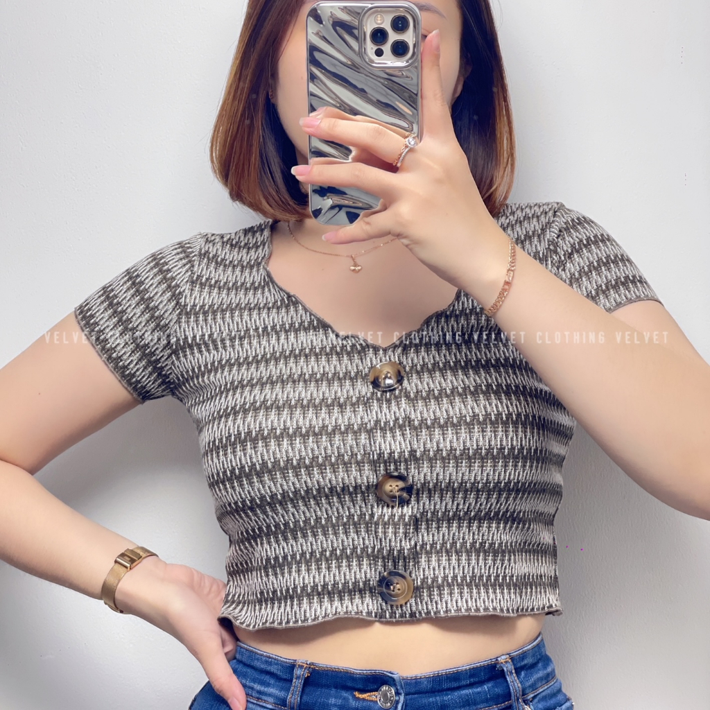 Crop Top Button Motif Tribal / Croptop Button Rib Knit 3654