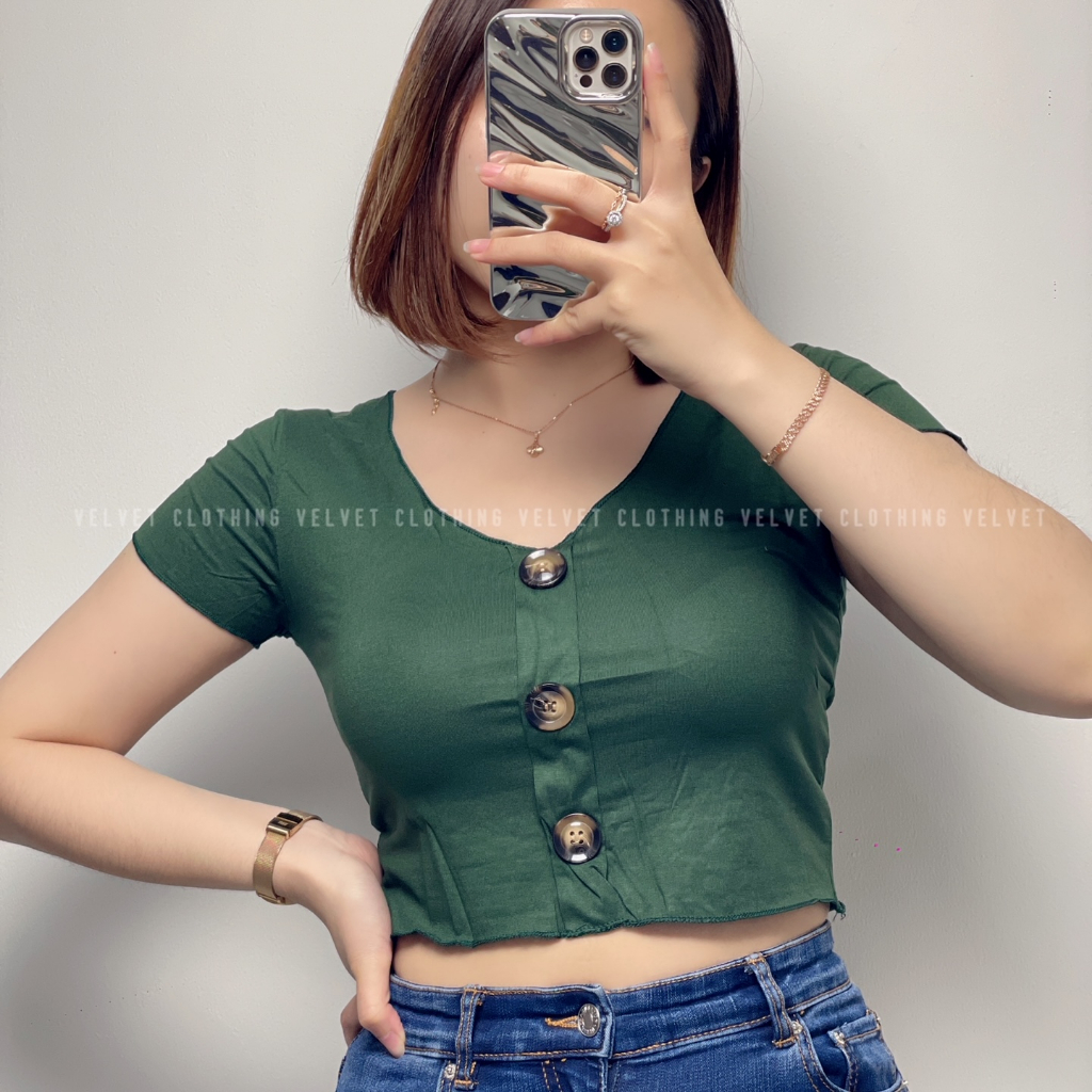 VELVET Atasan Crop Wanita Button / Kaos Neci Wanita / Crop Top Neci kancing / Baju crop wanita 3654