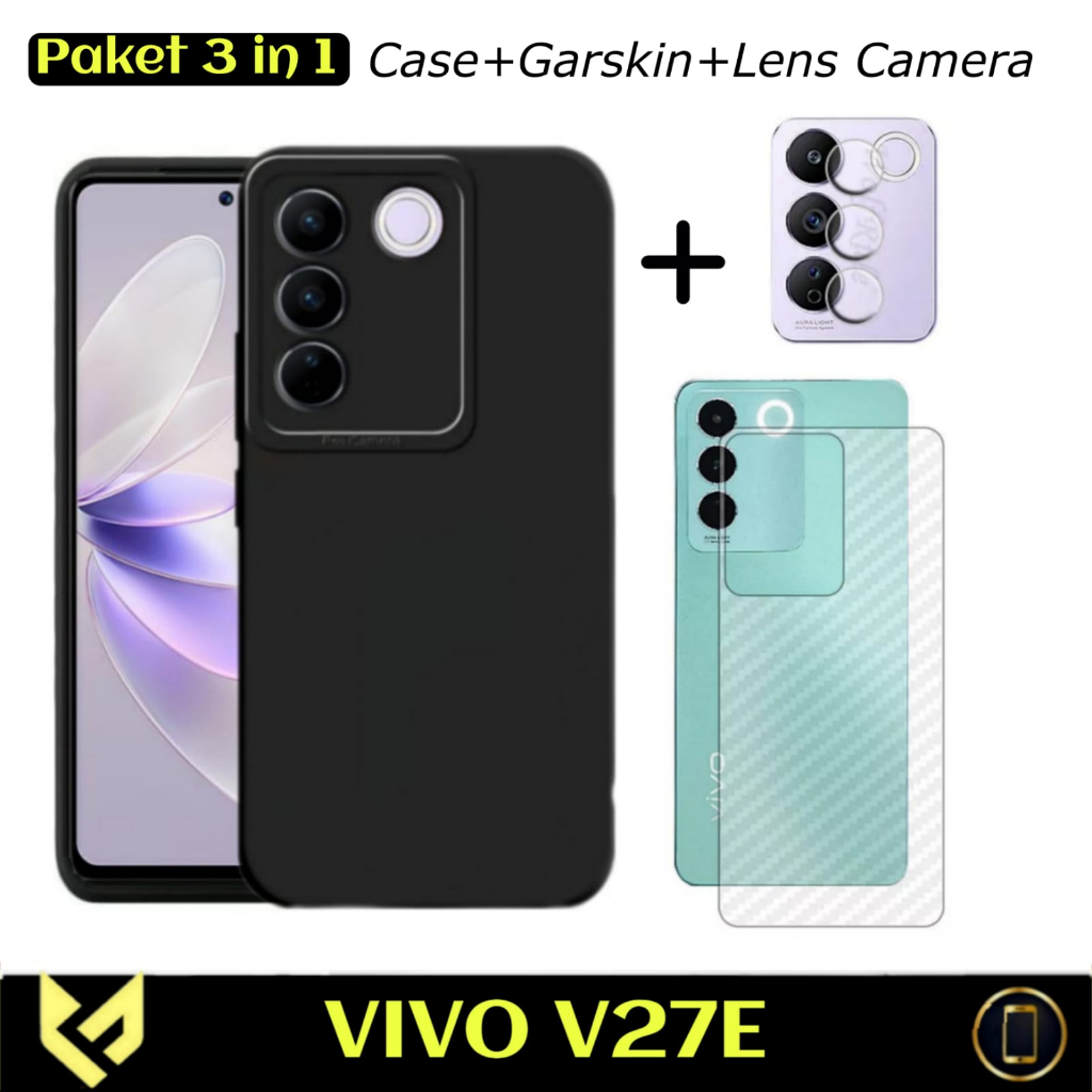 PROMO Paket 3IN1 Case Pro Camera Black For VIVO V27e SoftCase Premium Black Free Tempered Glass Camera &amp; Garskin - FIDS STOR