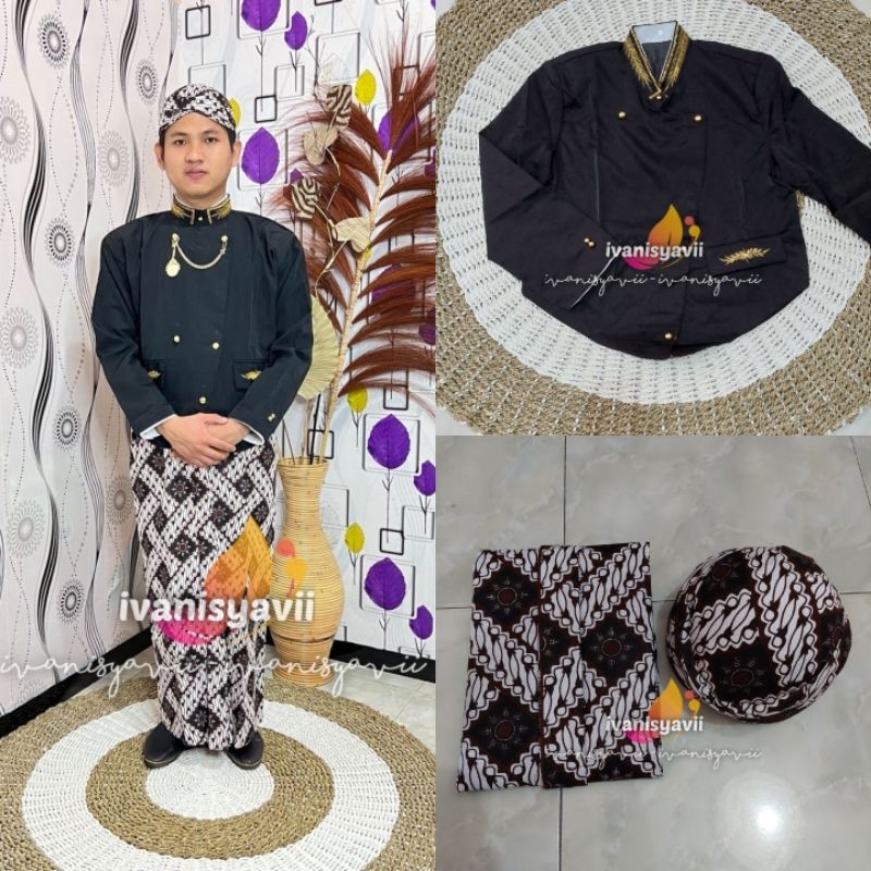 [1set] Baju Adat Jawa / Beskap, Jarik + Blangkon | Solo Bordir - Parang Matahari