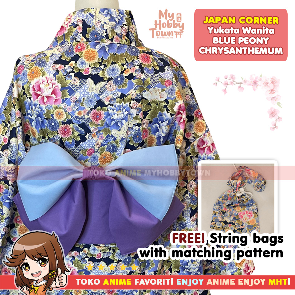 Yukata Kimono Wanita : Blue Peony Chrysanthemum