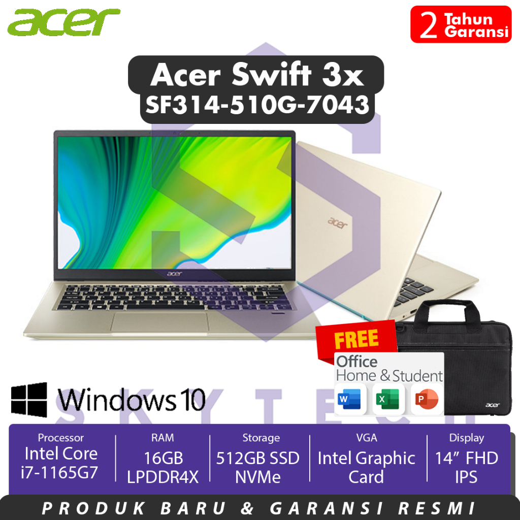 LAPTOP ACER SWIFT 3X SF314 510G 7043  I7 1165G7 16GB SSD 512GB IRIS XE MAX WINDOWS 10 + OHS SILVER