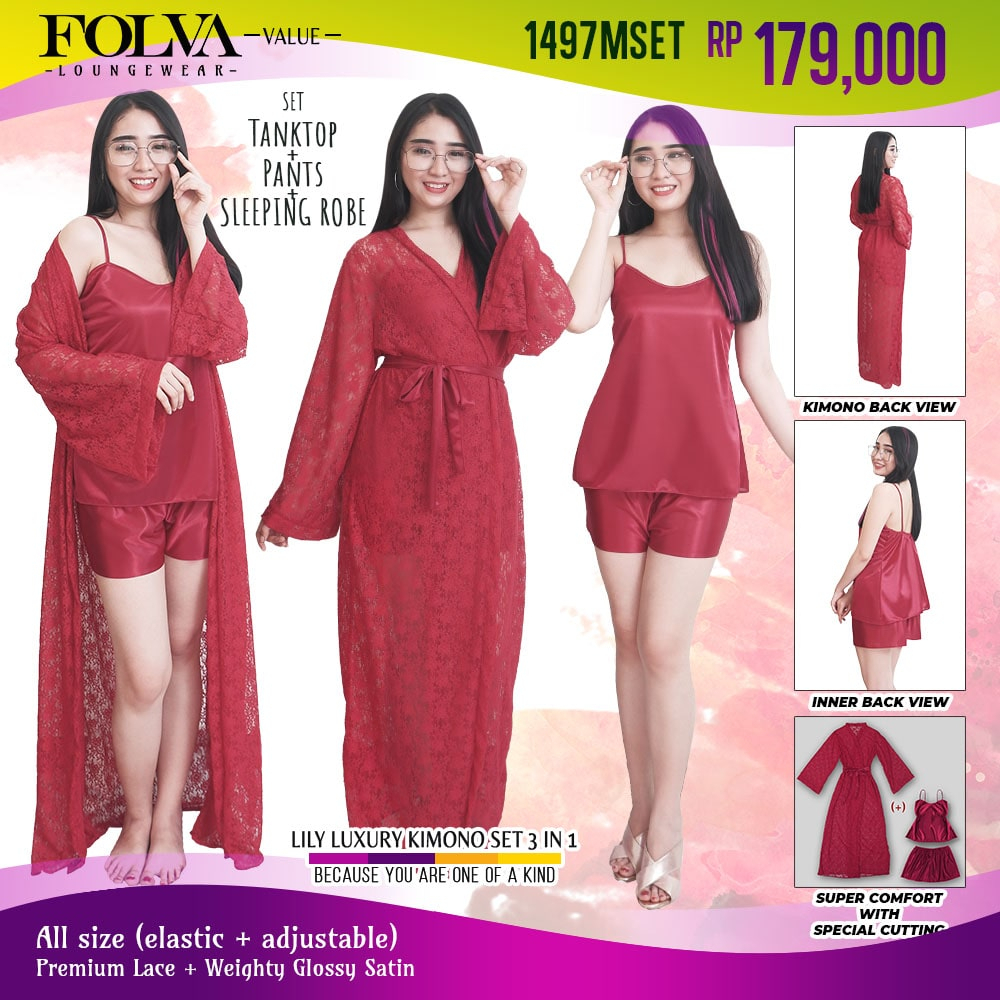 FOLVA kimono tidur set tanktop celana satin 1497MSET maron all size