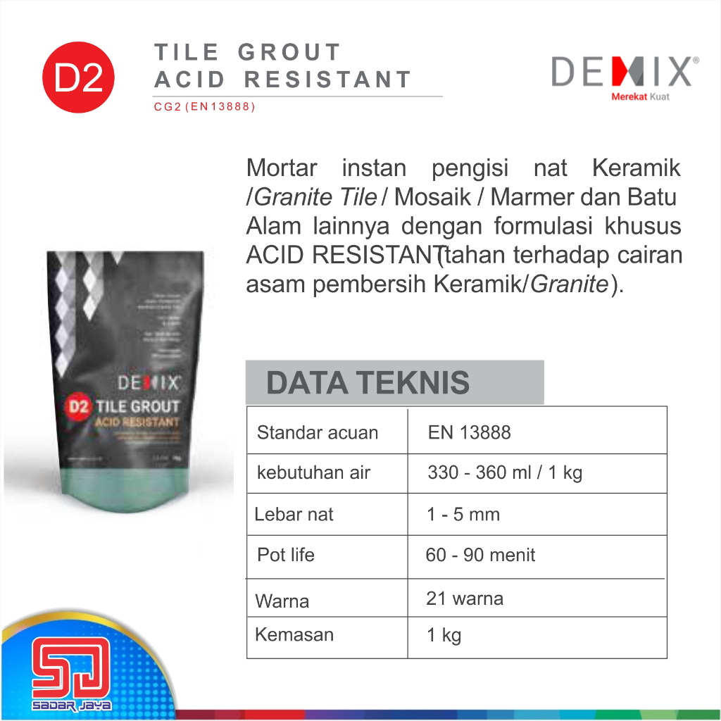 Semen Pengisi Nat Keramik Granit DEMIX D2 Mortar Instan Tile Grout Acid Resistant Tahan Cairan Asam Pembersih