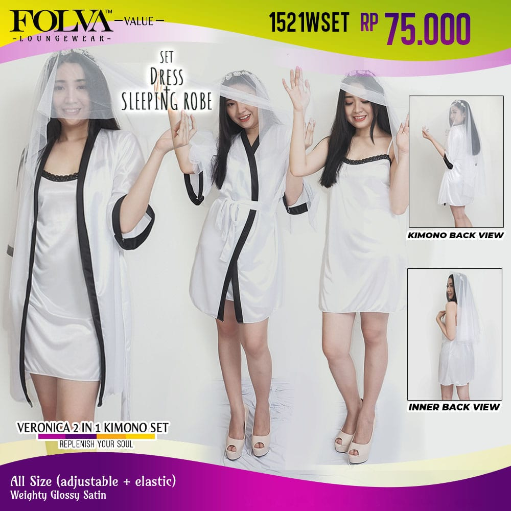 FOLVA bridesmaid kimono set inner tanktop dress satin 1521WSET putih