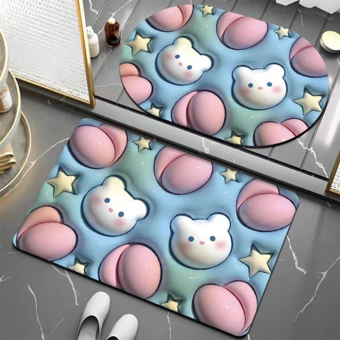 Keset Kaki Diatomite Oval Gambar 3D Alas Lantai Kamar Dapur Anti Slip Grosir